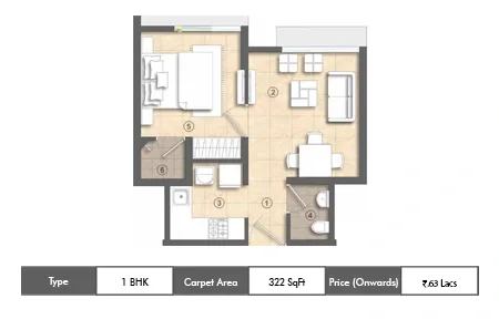 Lodha Crown Kolshet 1 BHK floor plan, 322 sq ft carpet area