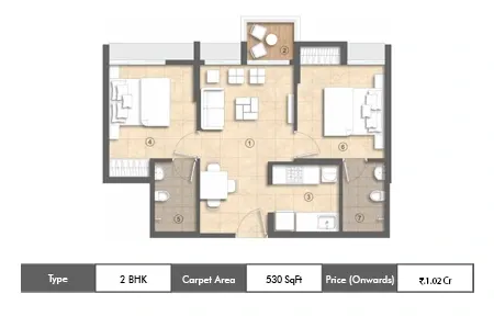 Lodha Crown Kolshet 2 BHK floor plan, 530 sq ft carpet area